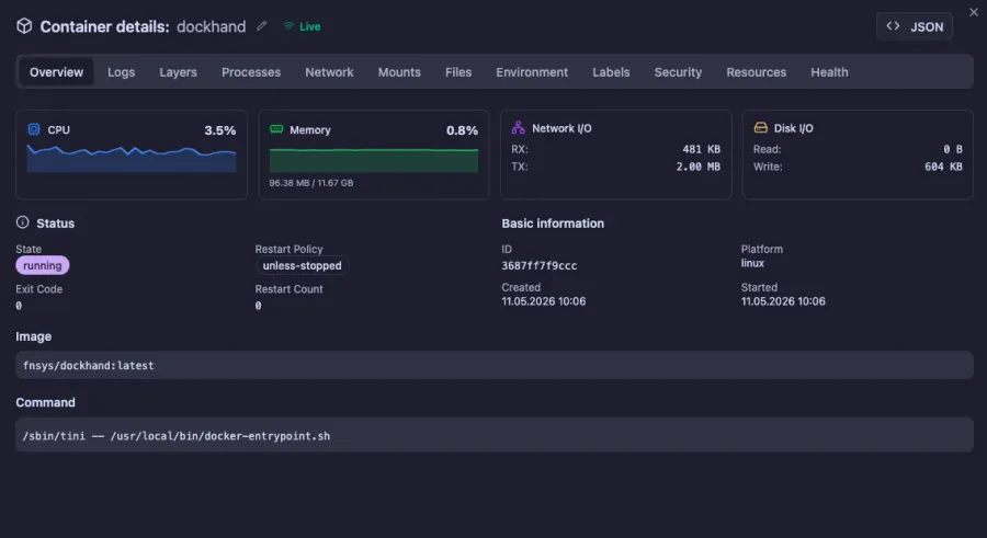 Dockhand container detail page with overview, logs, layers, network and mounts tabs