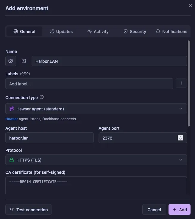Dockhand new environment form configured for Hawser agent with TLS and token
