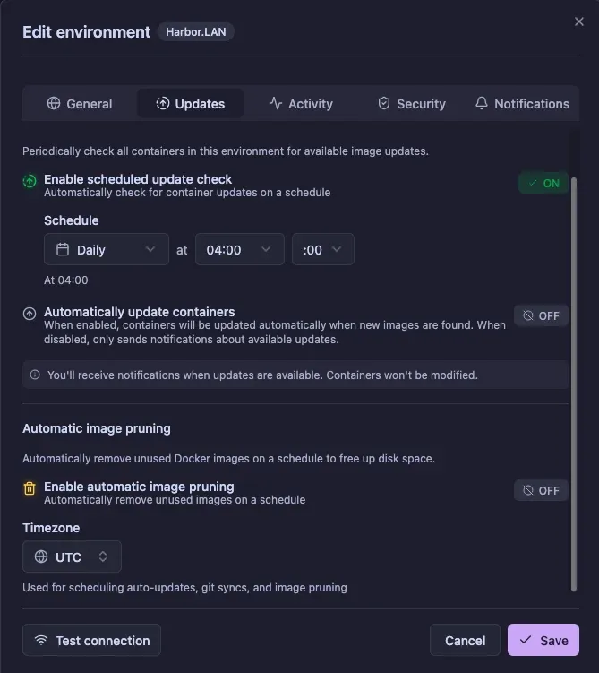 Dockhand environment Updates tab with image update checks enabled
