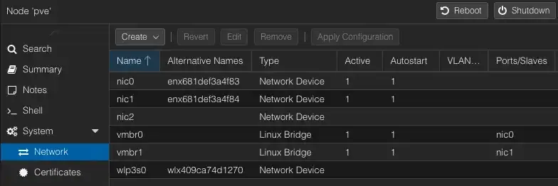 Proxmox network configuration showing nic0, nic1, vmbr0, and vmbr1 bridges